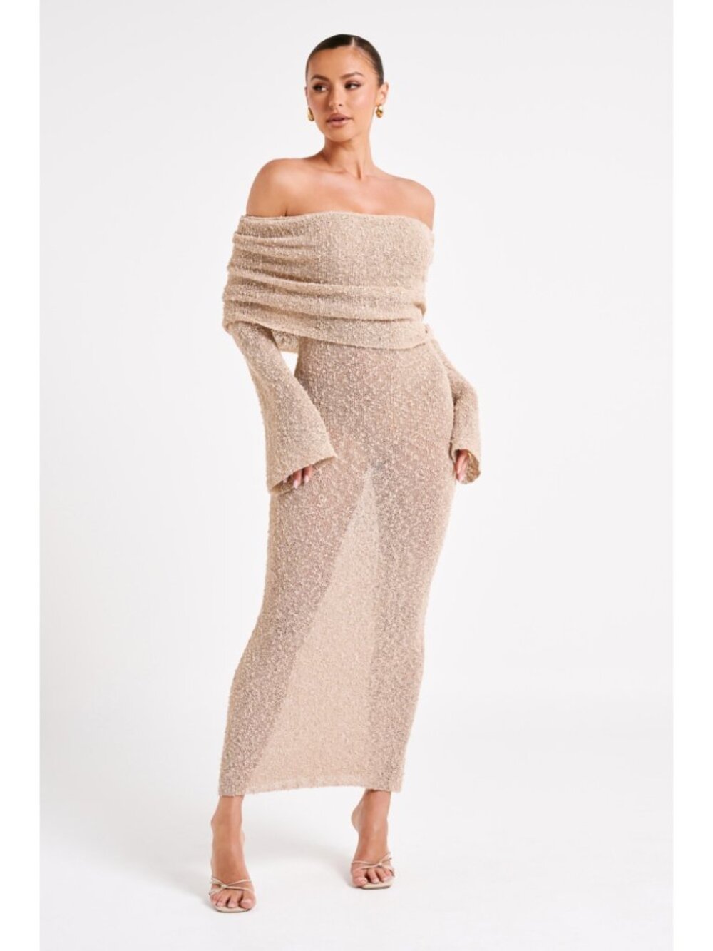 Meshki Marisol Off The Shoulder Boucle Knit Maxi Dress Wheat Warm Beige Cozy XXS